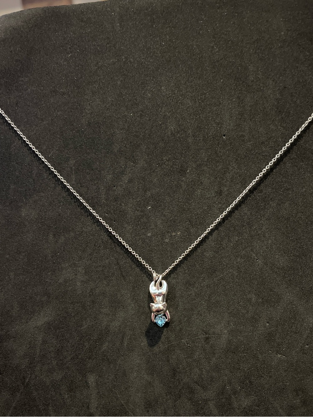 Sterling Silver Cat Pendant Necklace with Blue Gem